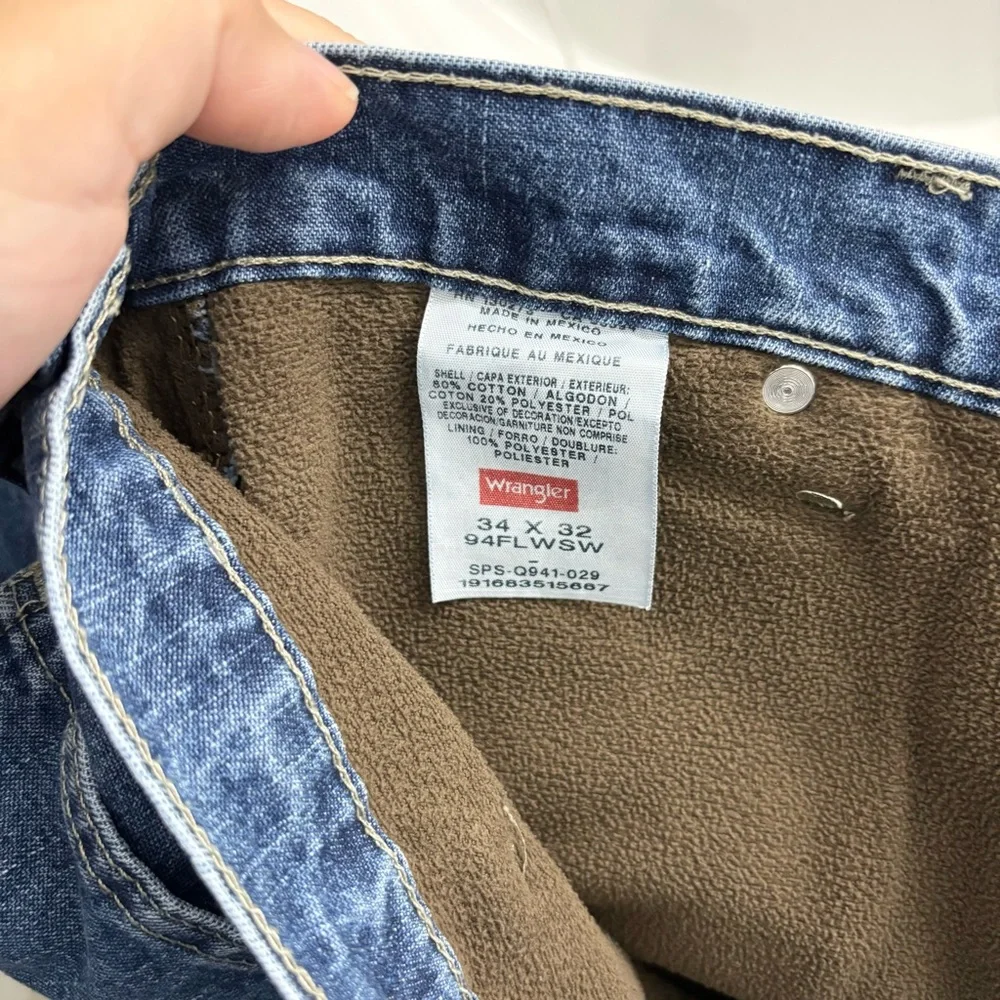 Wrangler Fleece Lined Carpenter Jeans Mens 34 x 32 Blue Denim Thick Cold Weather